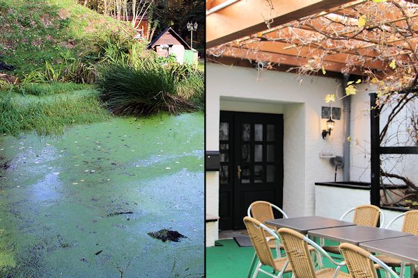 Teich am Wasserfall und Caféterrasse