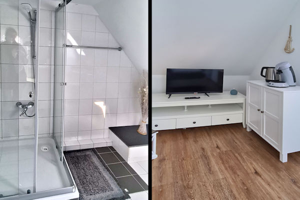 Duschkabine und Fernsehecke